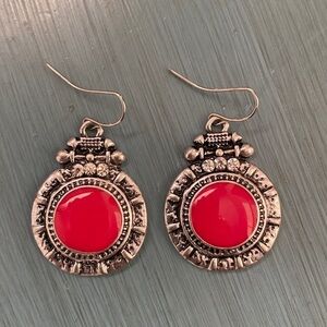 Red and silver circle earrings with rhinestone accent